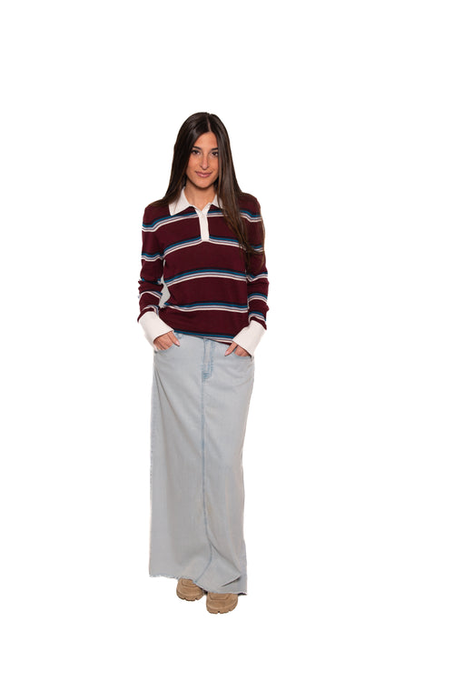 Minnie Rose Cotton Cashmere Striped Long Sleeve Collared Polo
