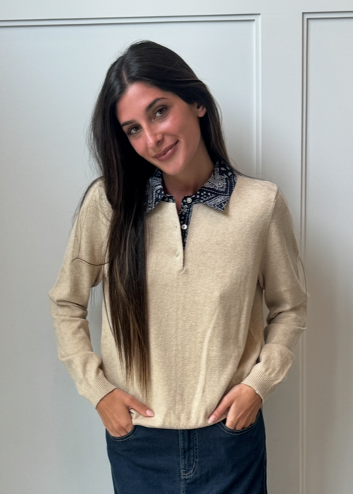 Cotton Cashmere Woven Bandana Collar Pullover