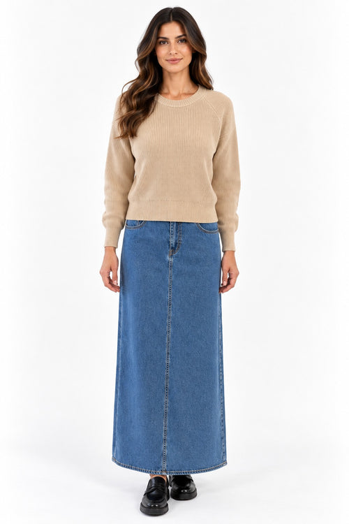 Kokun Raglan Crew Sweater in sand with AList Ultra Light Tencel Maxi Skirt in Medium Blue Denim