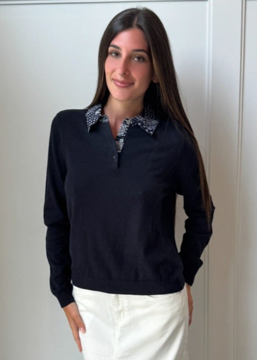 Cotton Cashmere Woven Bandana Collar Pullover