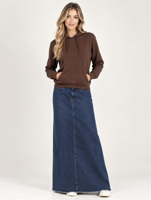 AList Dark Denim Maxi with Bobi hoodie in mocha