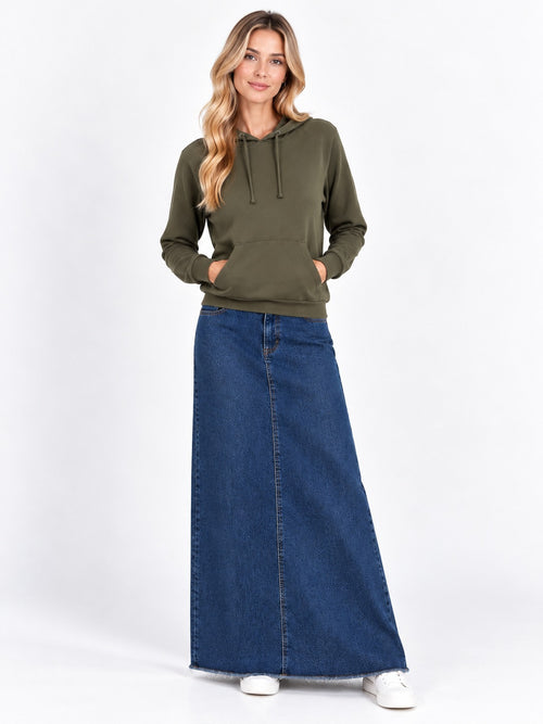 AList Dark Denim Maxi with Bobi hoodie in troops