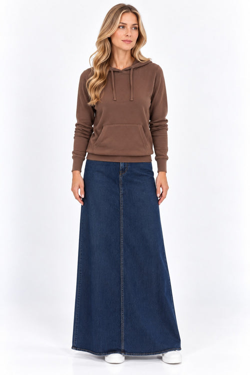 Bobi hoodie in mink with the AList Dark Denim Maxi
