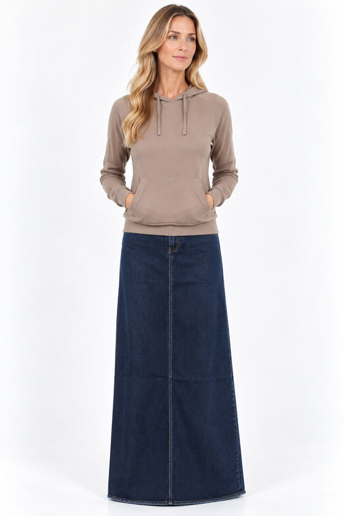 Bobi hoodie in mushroom with the AList Dark Denim Maxi