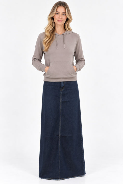 Bobi hoodie in pebble with the AList Dark Denim Maxi
