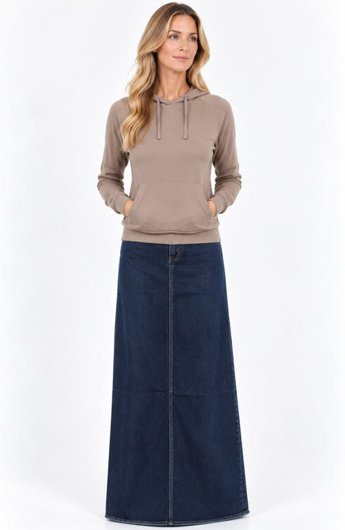 Bobi hoodie in sandy with the AList Dark Denim Maxi