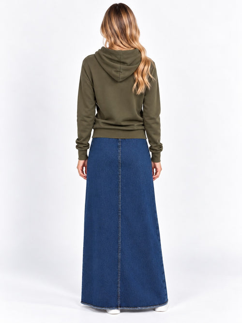 AList Dark Denim Maxi back view, no back pockets, with Bobi hoodie in troops