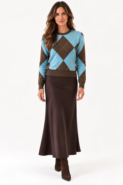 Bella Dahl A-line skirt in chocolate brown styled with the Kokun Argyle Crew