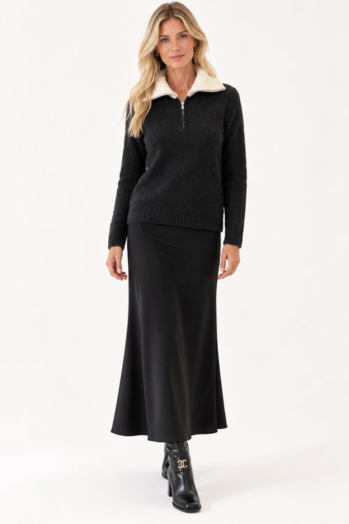 Bella Dahl Slip Skirt in vintage black styled with the Kokun Cashmere Half-Zip Sweater