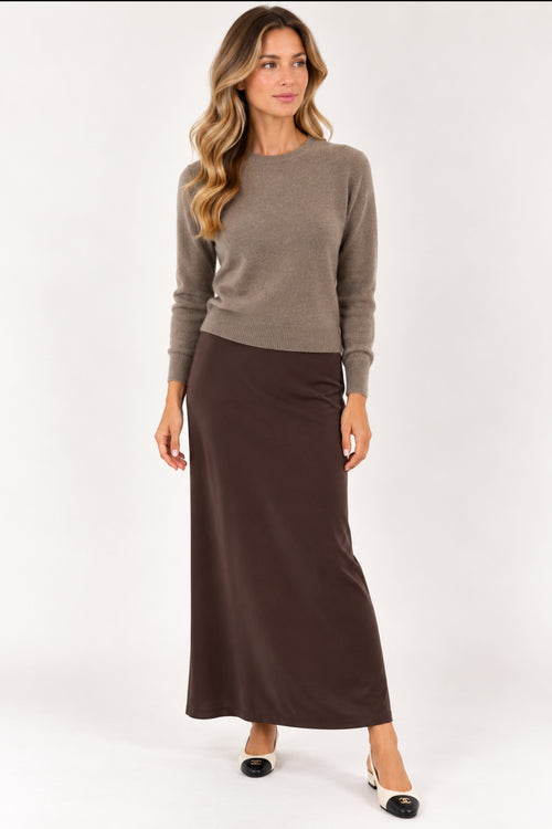 Bella Dahl A-line skirt in chocolate brown, styled with a walnut cashmere sweater