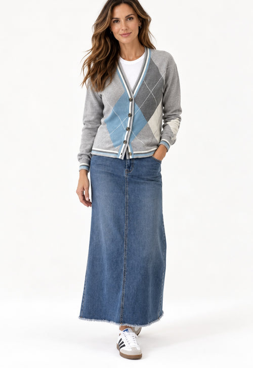 Minnie Rose argyle cardigan in heather grey and cornflower with AList Blue Denim Maxi