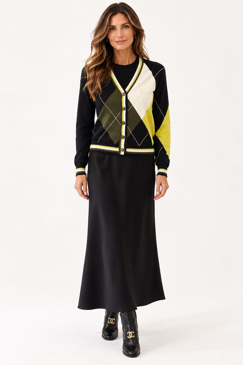Bella Dahl Slip Skirt in vintage black styled with the Minnie Rose Argyle Cardigan