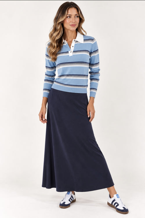 Minnie Rose Striped Polo Sweater in light blue with navy, grey and white stripes