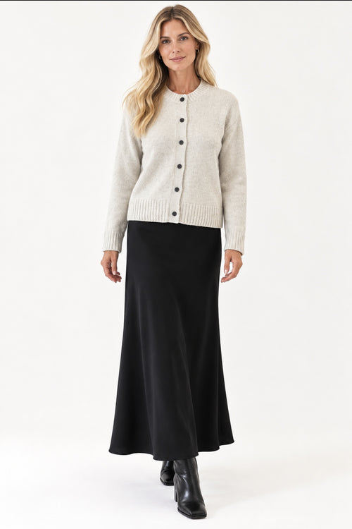 Rails Carre Cardigan in heather grey, styled with a black Bella Dahl Slip Skirt