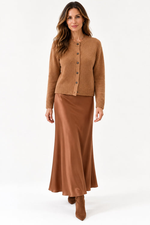 Rails Carre Cardigan in heather camel, styled with a cinnamon satin maxi skirt