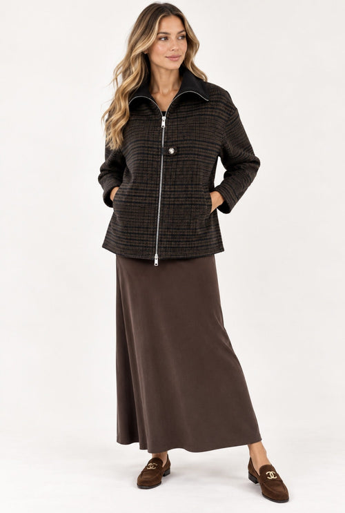 Bella Dahl A-line skirt in chocolate brown styled with the Rails Plaid Zip Jacket